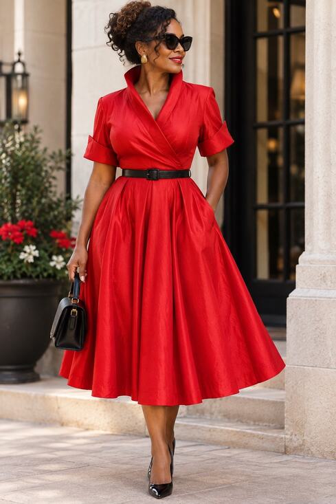 Lindy Bop Dresses & Skirts - Lindy Bop Red 100% Silk 50s Vintage Style Midi Dress Pockets Size 14